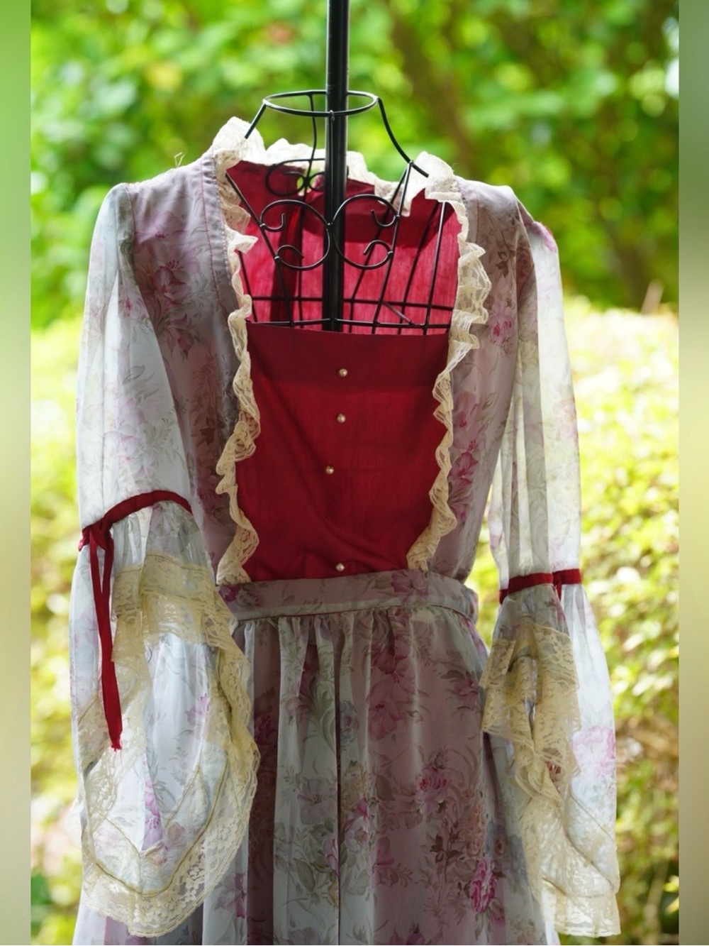 Romantic Floral Renaissance Dress with Red Corset | Victorian Fairy Tale Gown - Picture 5 of 6